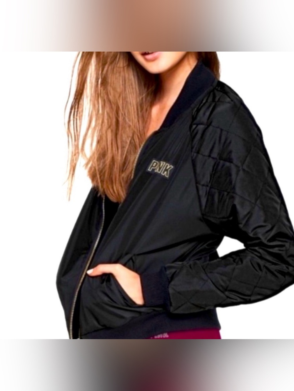 PINK Victoria's Secret Black Quilted-Sleeve Bomber Jacket